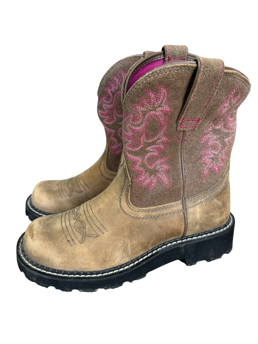 Ariat Fatbaby Brown Bomber Western Short Boot with Pink Stitching 6